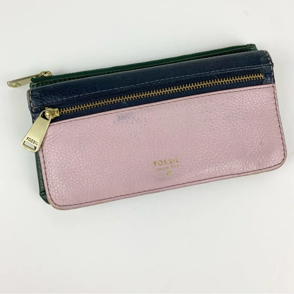 Fossil Purple Green Leather Multicolored Colorblock Bifold Wallet
